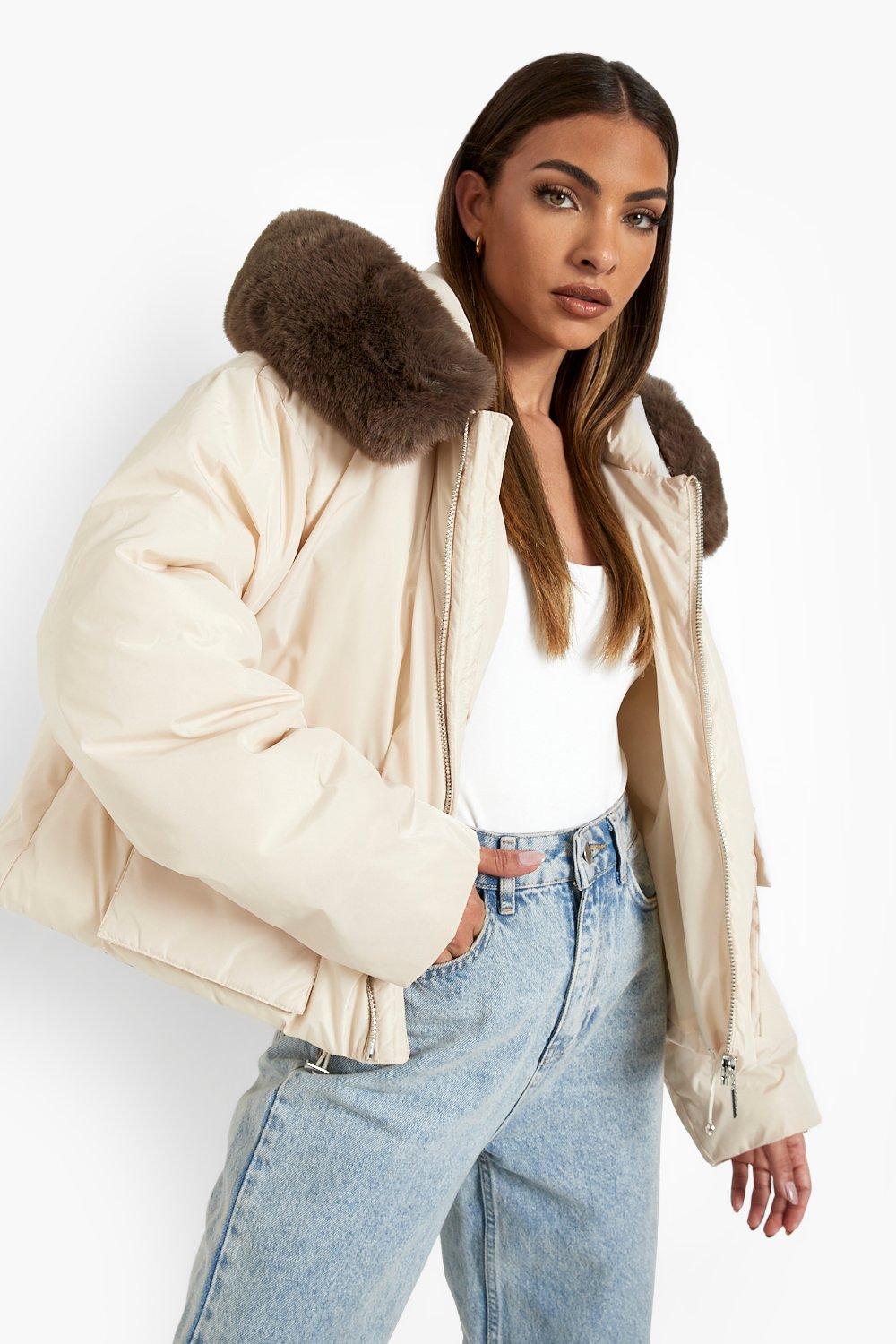 New Womens  Faux Fur Waistband Slim Short Overcoat Winter Jackets Outwear Tops